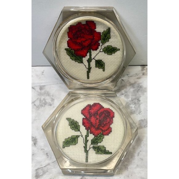 Vintage Acrylic Coasters Red Rose Cross Stitch Set of 2 Handmade Floral Decor - Picture 7 of 8